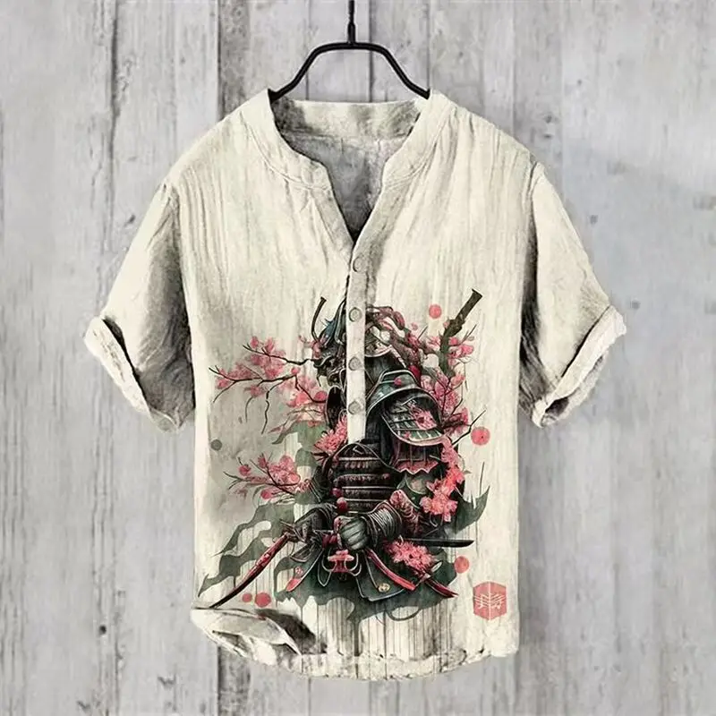 

Light luxury summer men's shirt Amazon loose short sleeved 3D printed casual cherry blossom series V-neck thin shirt with 3 butt