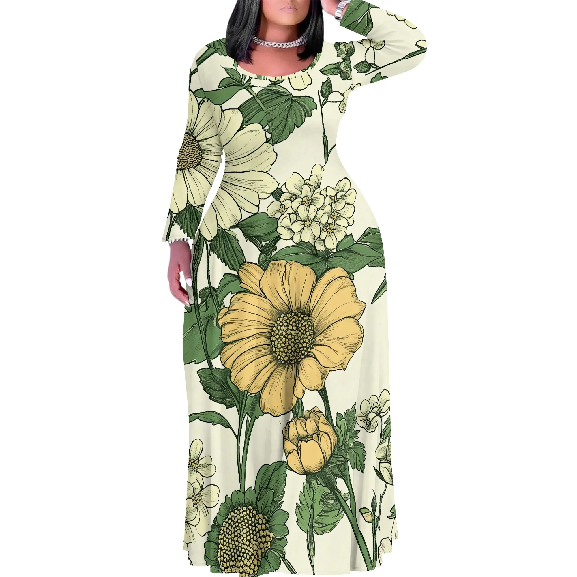 

Women's Summer/Fall Fashion Printed Long Sleeve Splits On Both Sides Maxi Dress Round Neck Long Sleeve Maxi Dress