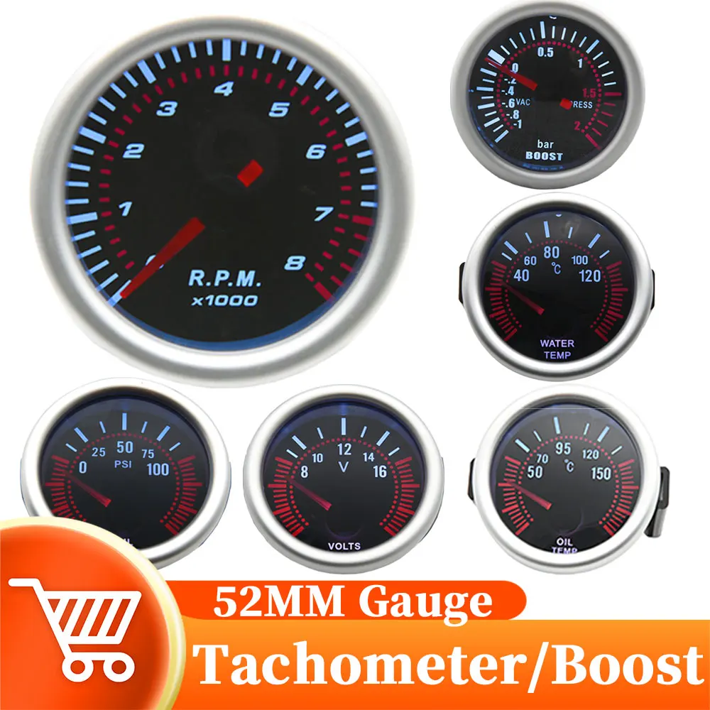 52mm Smoke lens Tachometer Universal Auto Car White Backlight 0~8000 RPM Red Pointer RPM 12V Gasoline Fit Car Motor Racing 12V