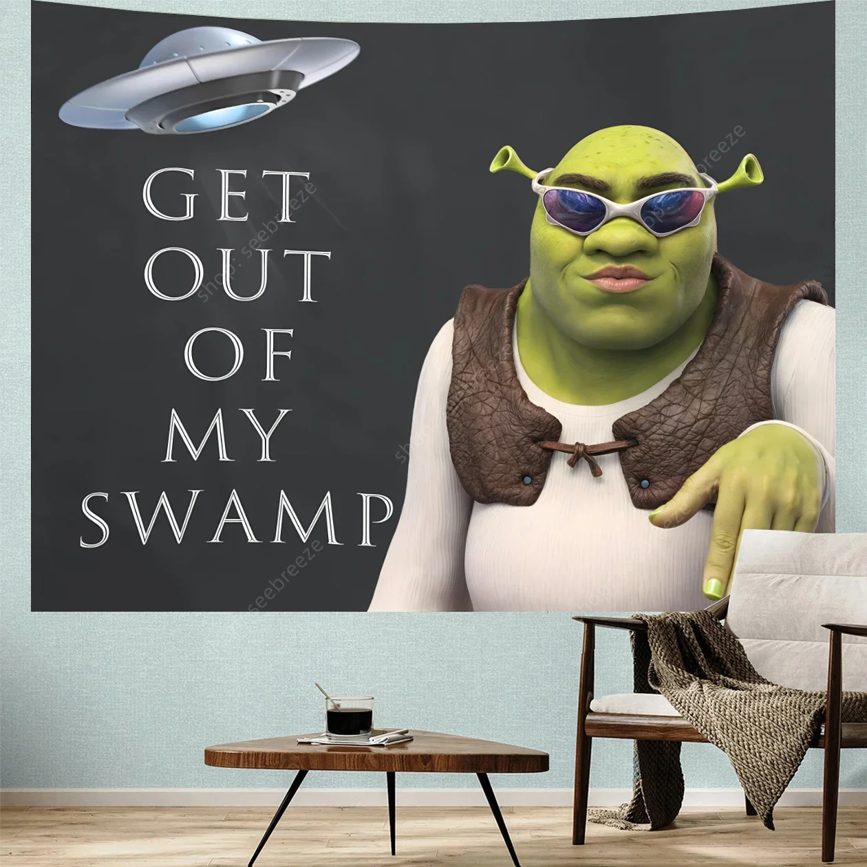 Neu Get Out of My Swamp Wandteppich Shrek Rosa Wandteppiche Lustige Meme Wandteppiche Wandbehang Hängende Tarot Wohnheim Zuhause Wohnheim Wandteppich