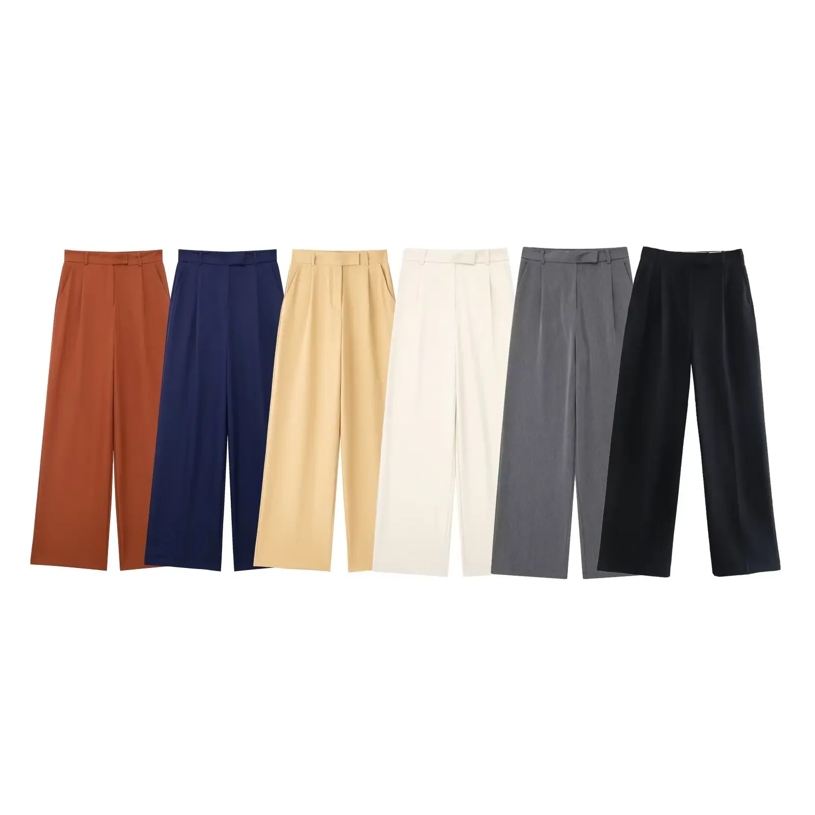 Women's 2024 New Fashion Multicolor Loose Side Pocket Casual Pleated Wide Leg Pants Retro High Waist Zipper Women's Pants Mujer