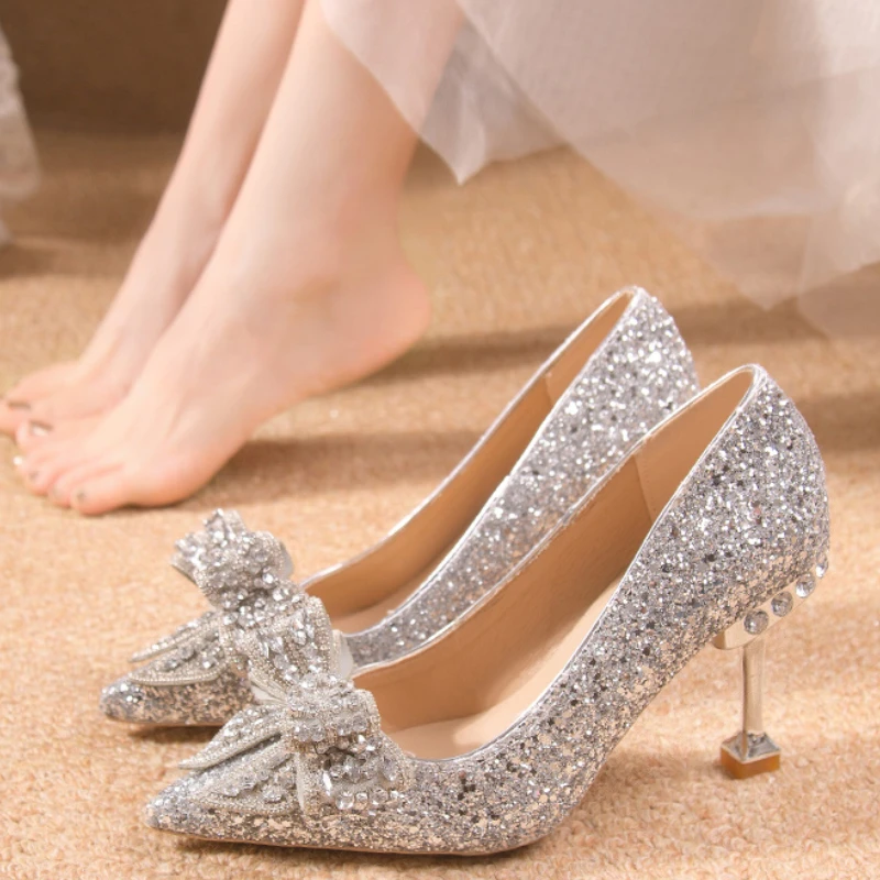 New  Women's Rhinestone Wedding Shoes Year Shoes Luxury Buckle Decorative Banquet Women's Shoes High Heels Gold Silver Red