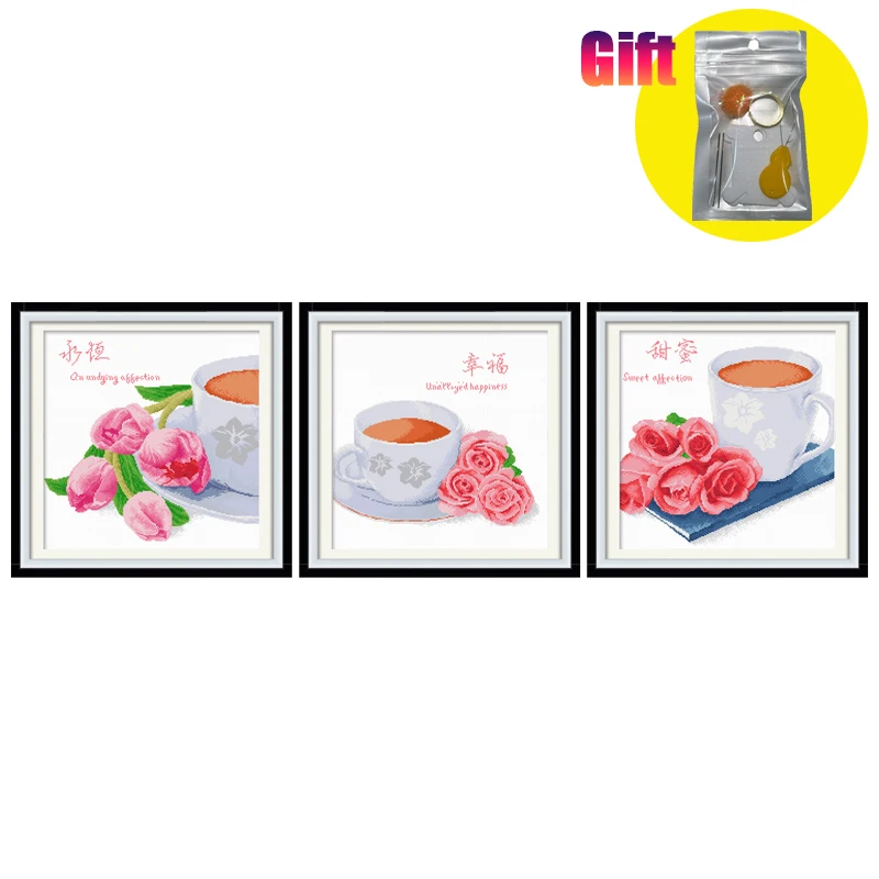 Complete Cross Stitch Kits for Restaurant, Printed Fabric, Rose Teacup, Triptych, 11CT embroidery kit,  Living room wall decor