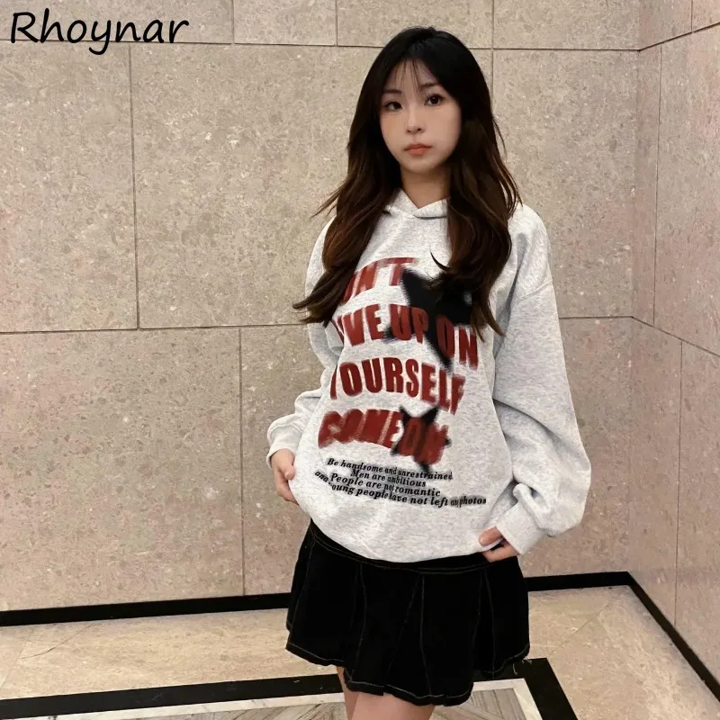 Women Hooded Hoodies Streetwear All-match Letter Printed Simple Casual Tops Long Sleeve Pockets Keep Warm Windbreak Plus Velvet