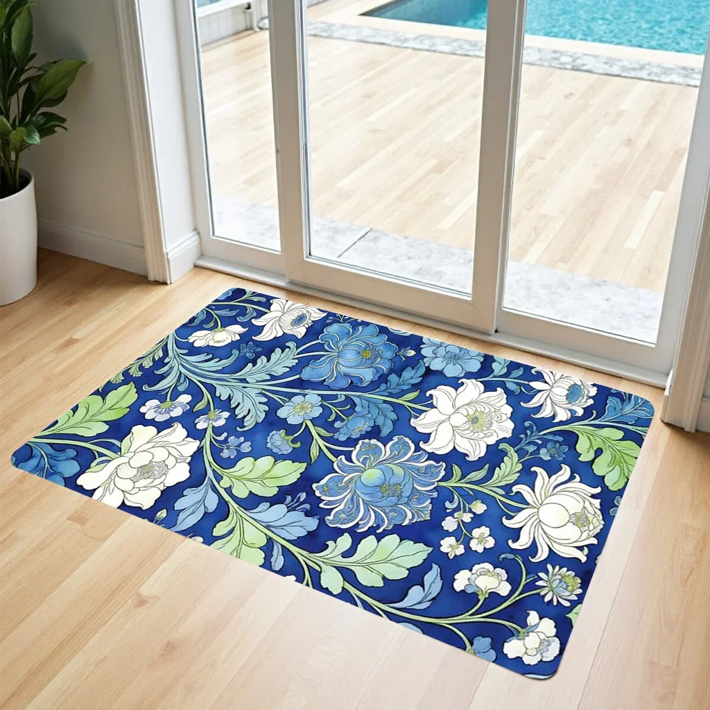 1pc 2d Flat Blue White Floral Vine Pattern Flannel Door Mat Non Slip Garden Style Rug Entryway Patio Sliding Door Decor