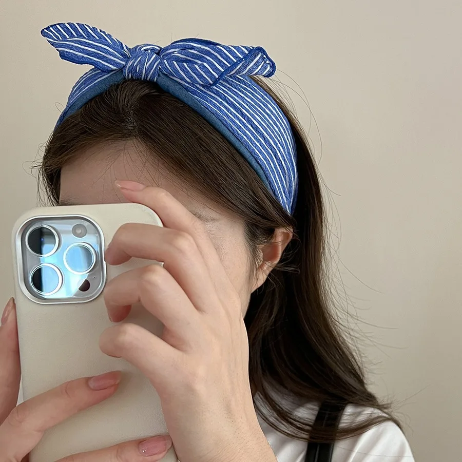 

Повязка на голову в синюю полоску, женская модная повязка для волос с бантом, нескользящая широкая повязка для волос для тонких аксессуаров для укладки волос