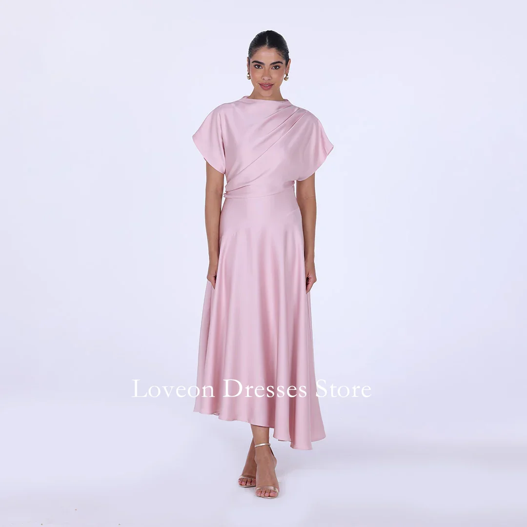 

Pink Short Sleeve Asymmetric Satin Dress Formal Evening Dresses Arabic Style Customized Elegant Prom Growns Party Women