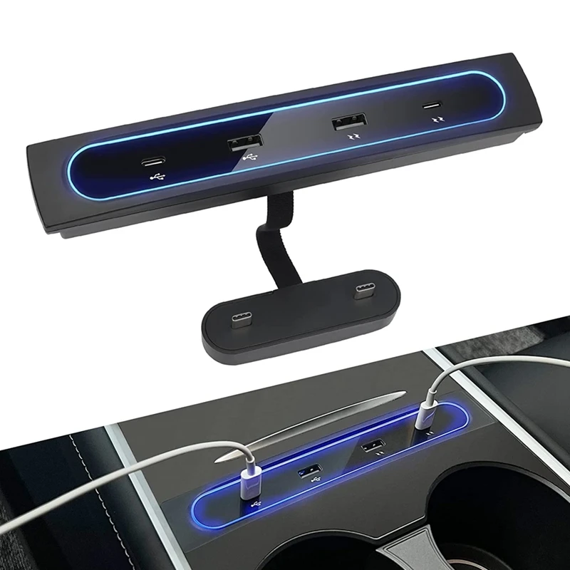 Für Tesla Modell 3 Y 2021 2022 Zubehör 27W Schnell Ladegerät Docking Station, 4 in 1 USB LED Hub Center Console Sensor