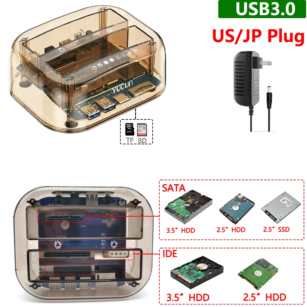 Dockingstation voor harde schijf 2,5 3,5 inch SATA IDE HDD SSD-lezer Dubbele slots USB Externe schijf Box Behuizing behuizing hd externo