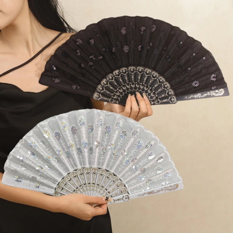 Vintage Folding Hand Fan Chinese Embroidery Sequin Peacock Fans Decorative Dancing Hand Fans Wedding Decoration