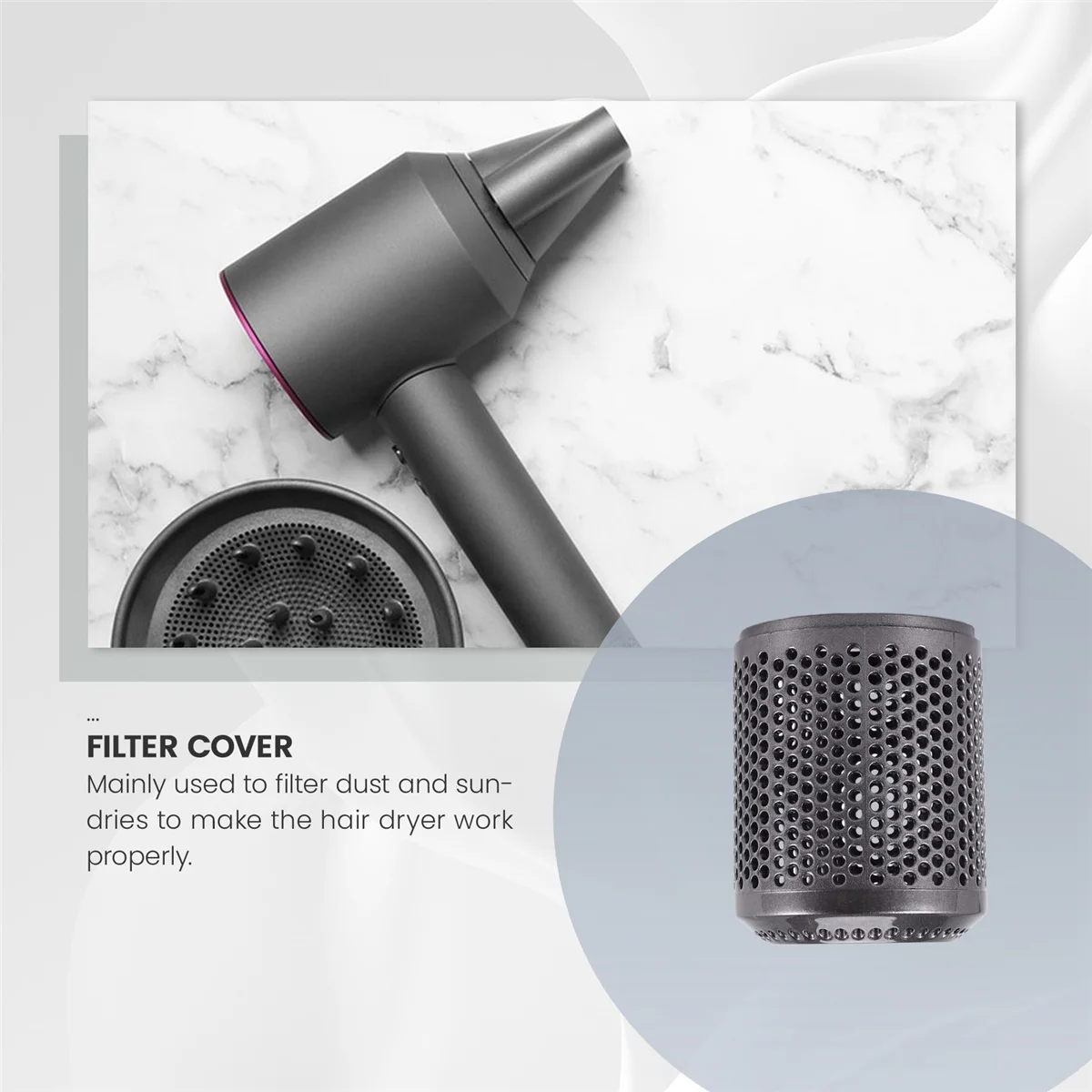 Suitable for Dyson Hair Dryer HD01 HD03 HD08 Dustproof Outer Filter Cover Vacuum Cleaner Accessories Bright Grey-LITE
