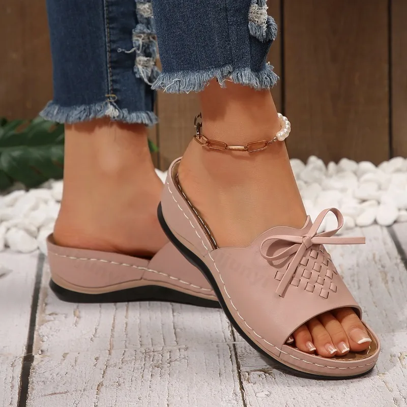 2025 New Summer Women Slope Heel Fish Mouth Slippers Fashion Casual Large Coarse Heel Bow Design Comfortable Lightweight Sandals