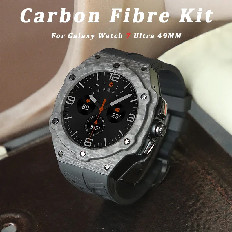 For Samsung Galaxy Watch 7 Ultra 47mm Luxury Carbon fiber case mod kit fluororubber smart band strap for Samsung 7 Ultra 47MM