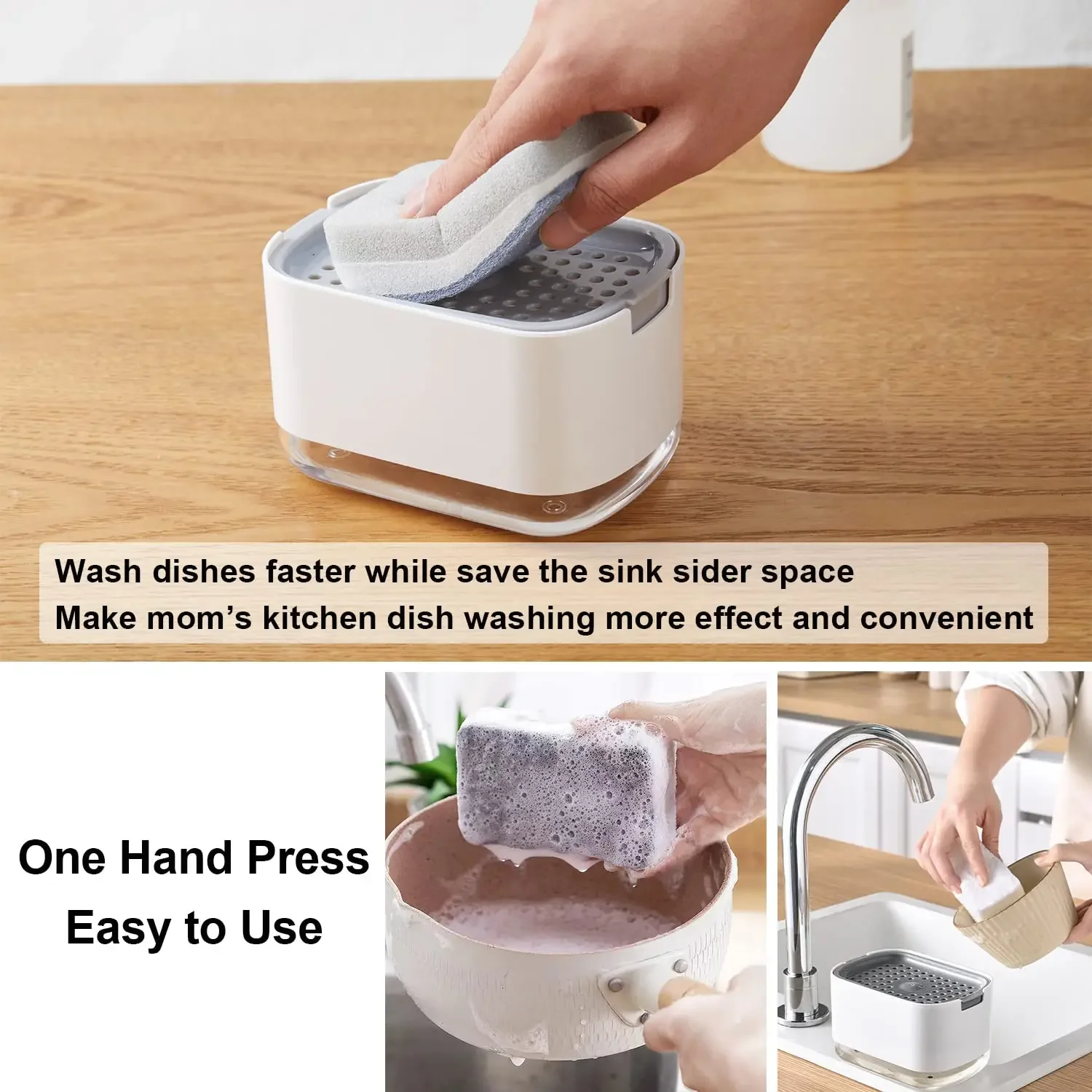 Dish Soap Dispenser Kitchen Sink with Sponge Holder Push Down Pump Caddy Tray Container Dishwashing Liquid Detergent Organizer