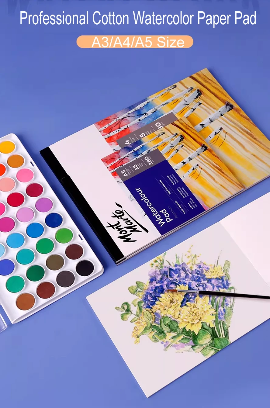 Professional Cotton Watercolor Paper Pad - 180gsm, 15 Sheets, Hardbound Cover for Acrylic Gouache Ink,  Adult Travel Sketchbook