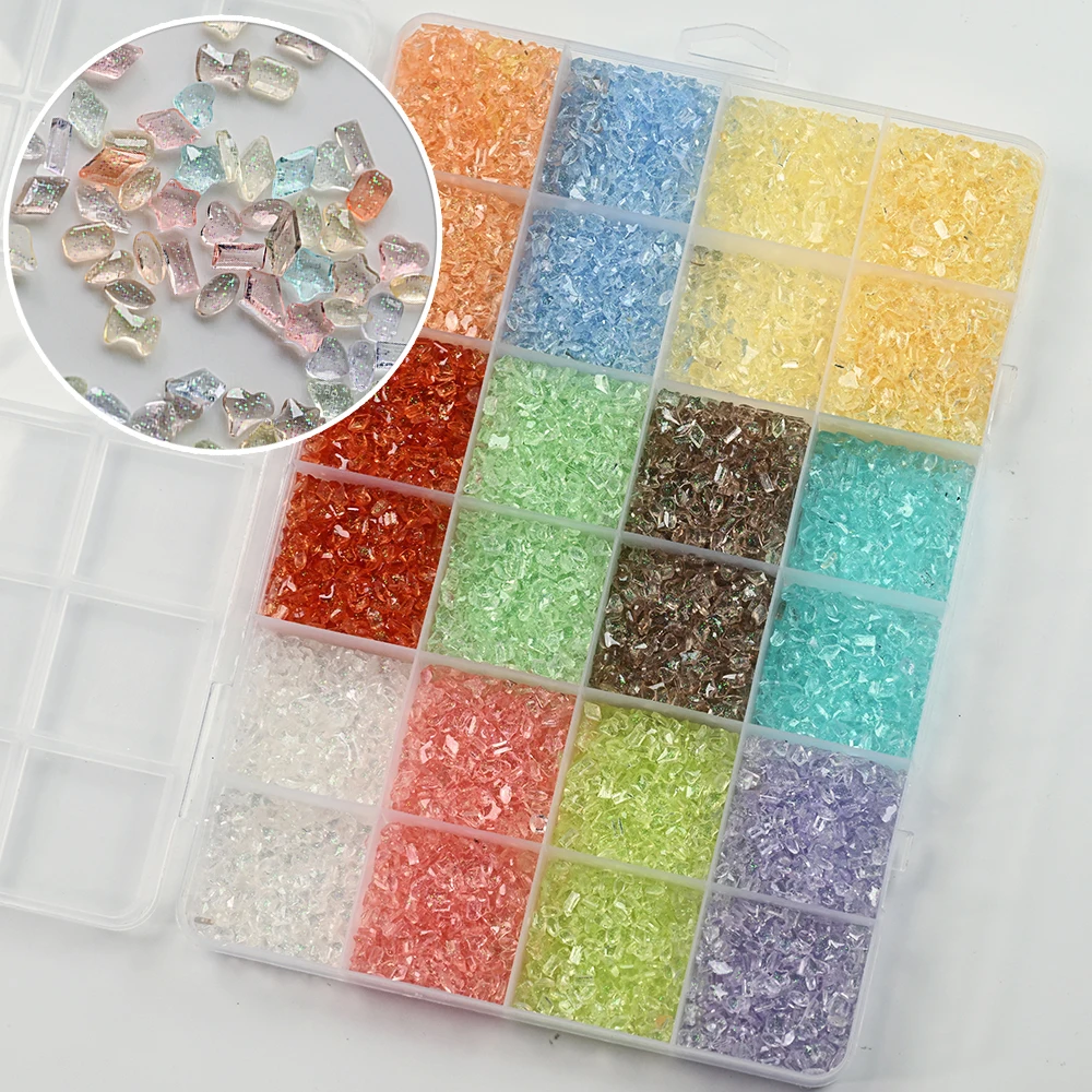 

24 сетки, красочные мини-сверкающие нерегулярные драгоценные камни, подвески для дизайна ногтей, смола, кристалл Авроры, сломанные бриллианты, украшения для ногтей, ювелирные изделия