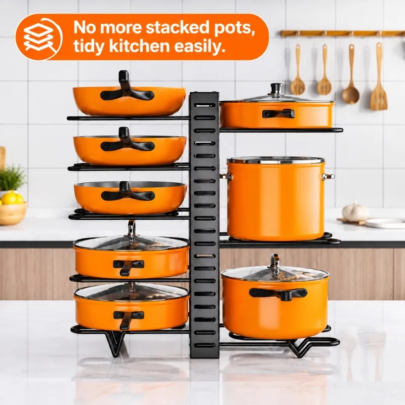 8 Tier Pot Rack Organizer Iron Adjustable Pots Pans Lid Holder Stand for Kitchen Countertop Cabinet Cookware Storage Shelf Racks
