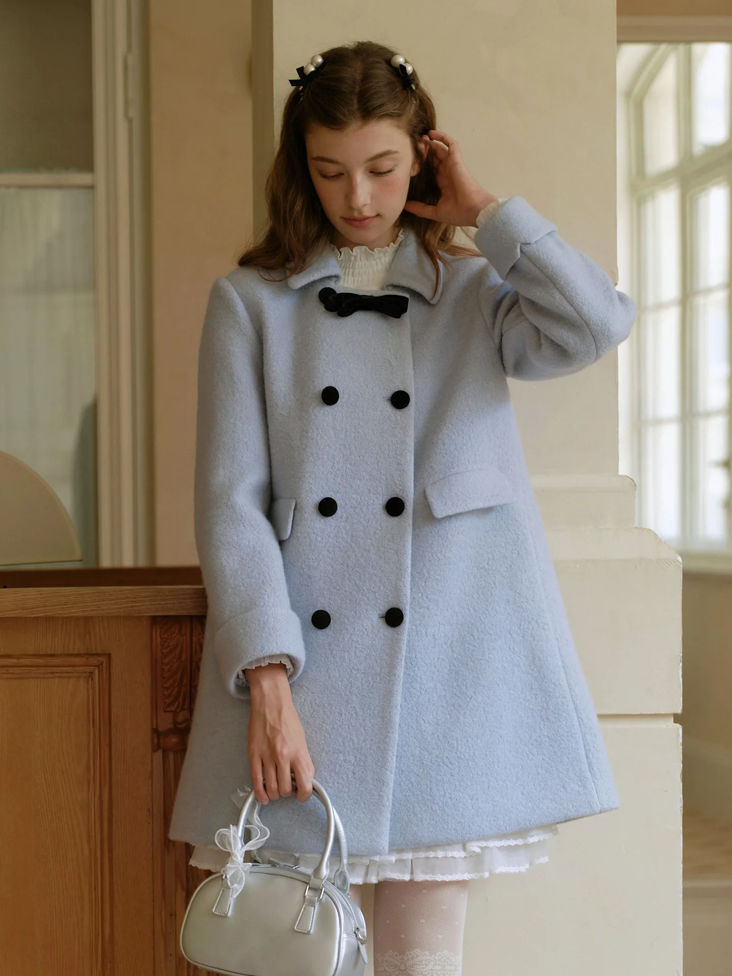 

Korean Sle Beautiful oulder Double Button Woolen Coat Medium Length Outerwear Rich Girl Winter Faion Women's Clothing