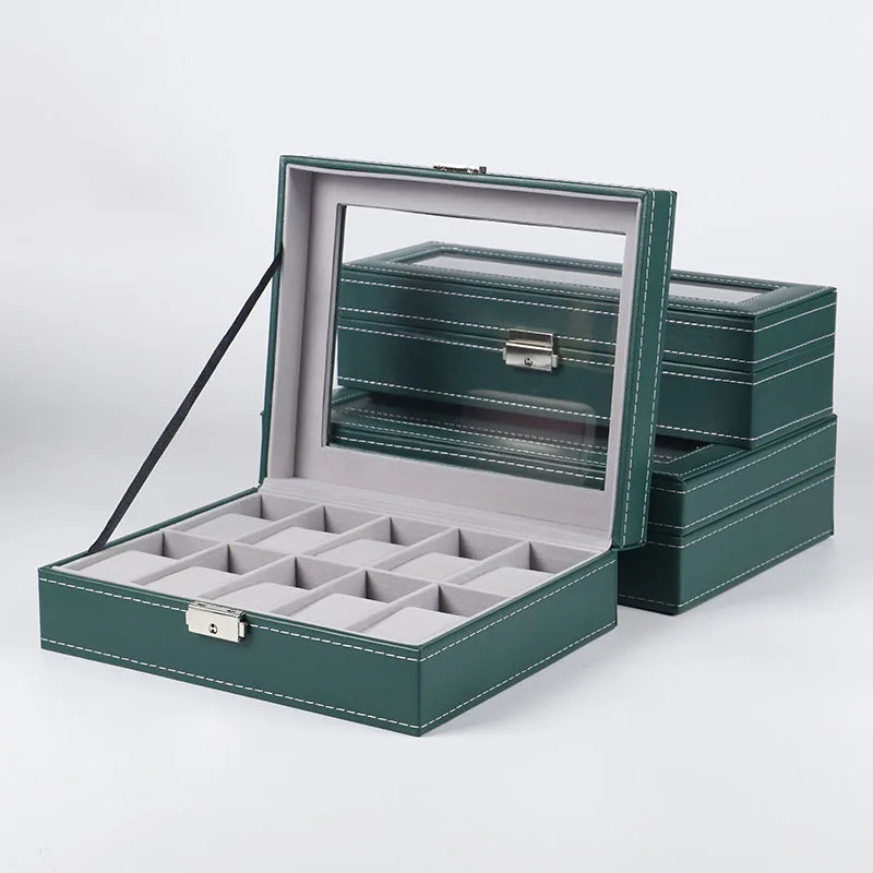 Caja organizadora de reloj de cuero PU caja de almacenamiento de vidrio joyería pulsera multifuncional verde 6/10/12 ranuras