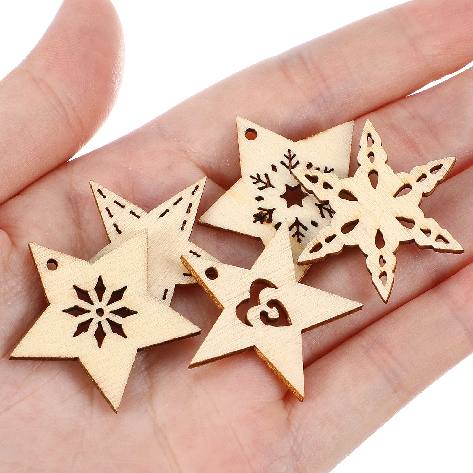 

50Pcs Wooden Christmas Pentagram Hanging Ornaments Cartoon Style DIY Craft Decorations Pendant for Home Holiday Decor