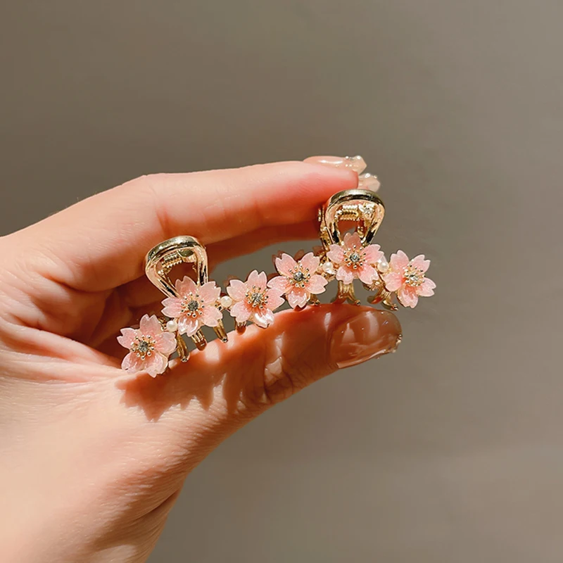 Pearl Rhinestone Sakura Hairpin Women Exquisite Bangs Side Small Size Shark Clip Girls Spring and Summer Hair Clip Headwear