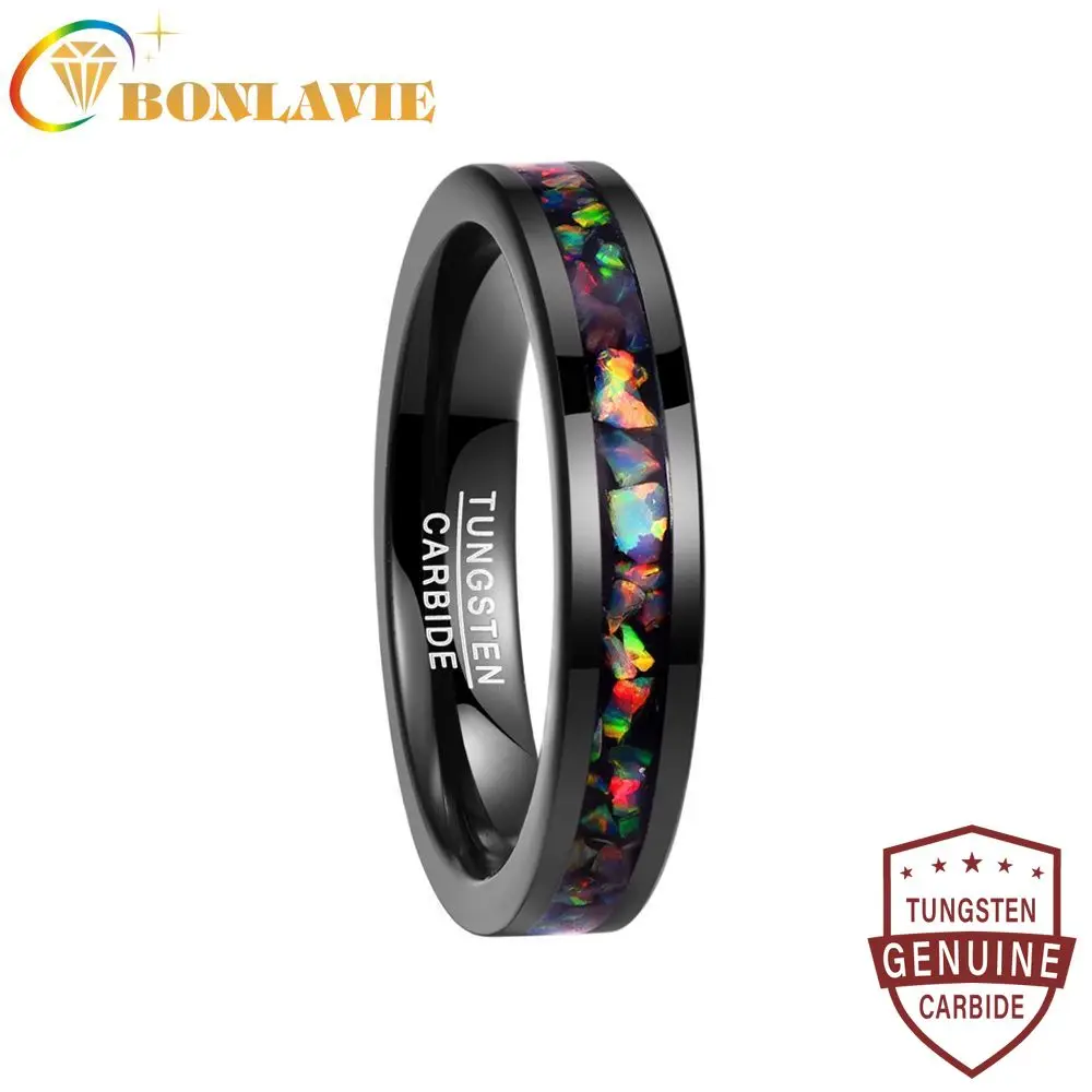 BONLAVIE  New 4MM Width Inlaid Opal Black Wedding Rings Tungsten Carbide Ring Men T091R Size 5-12