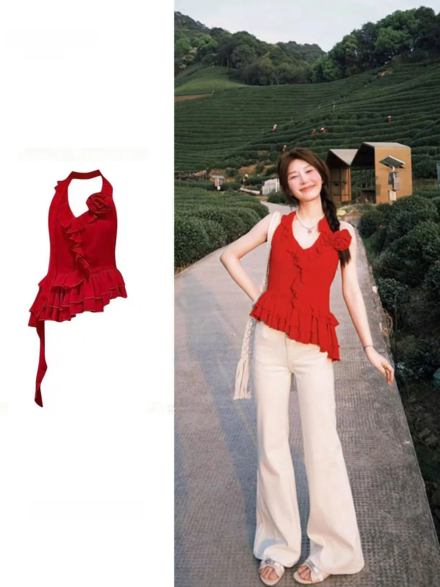 Red Oversized Blouse Unique Asymmetrical Design Summer Outdoor Women's Vest with Lace Trim Neck Hanging Strap Chinese Style Top