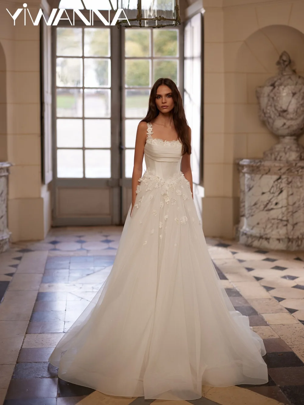 

Handmade 3D Floral Long Wedding Dress Glitter Thin Straps Bridal Gown New Customized A-line Floor-length Dresses For Bride