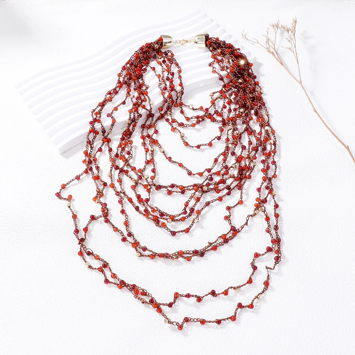 2024 Vintage MultilayerHandmade  Red String Beads Tassel Pendant Necklace for Women Boho Statement Jewelry Set Wholesale