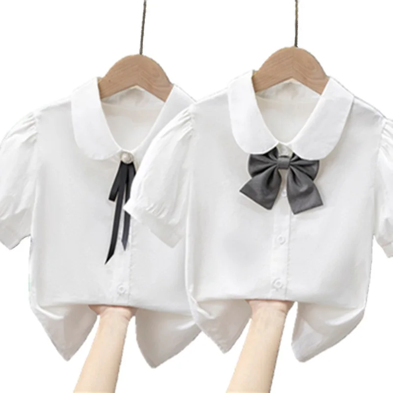 

Хлопковая блузка для девочек, белые рубашки с бантом, школьная форма с короткими рукавами, рубашка для девочек, детские топы в консервативном стиле, детская летняя одежда