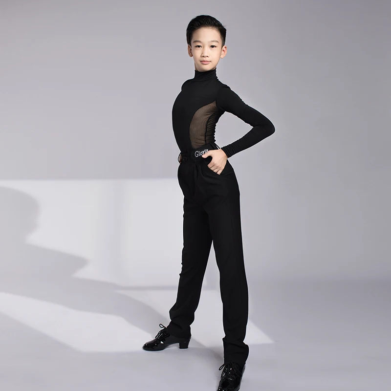 Boys Latin Dance Competition Costume Black Long Sleeve Tops Pants Ballroom Dance Clothing Professional Latin Clothes DL10836