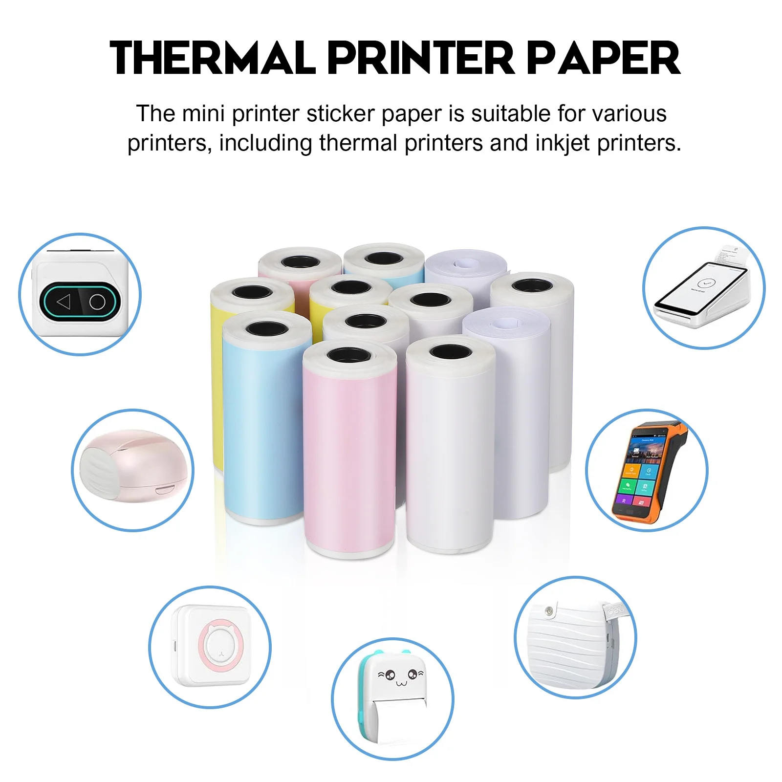 16 Rolls Thermal Label Sticker 5 Packs Colorful Pink Blue Yellow Standard Paper Mini Printer Compatible Various