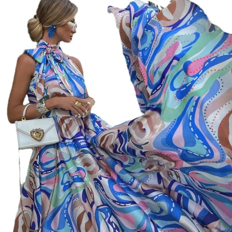 فستان نسائي مُزين بطباعة بدون أكمام فساتين على طراز بوهو فساتين نسائية طويلة متأرجحة كبيرة ملابس للعطلات نمط فيستدوس بارا موجر