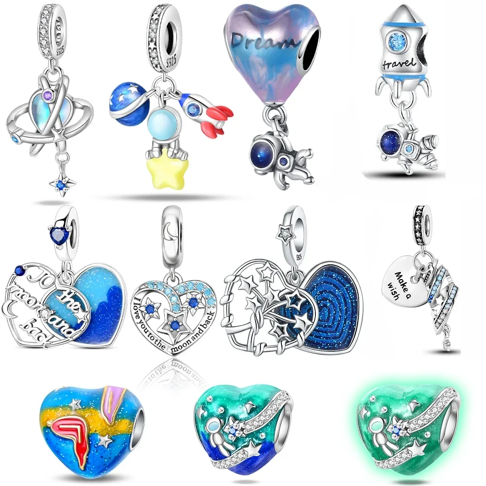 Space Astronaut Rocket Planet Moon Silver Plated Beads Original Charm Fit Bracelets Bag Keychain Charms DIY Women Gift Accessory