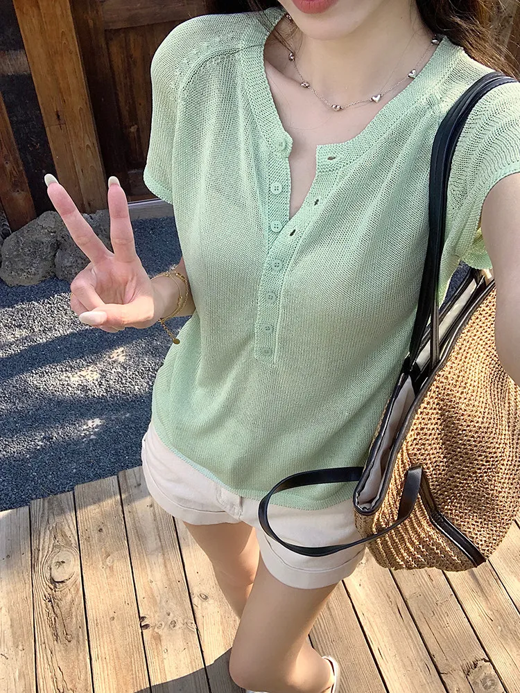 Green Buttons Short Sleeve Knitted Sweater Summer Thin Micro Transparent Top Pullover Tshirts Outerwears Clothing Vintage Tees