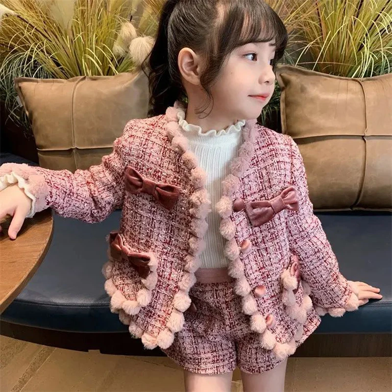 

Fashion Elegance Winter Autumn Childent Single-breasted Princess Coat Bow Jacket+Shorts 2Pcs Suits Cotton Girls Outwear Sets