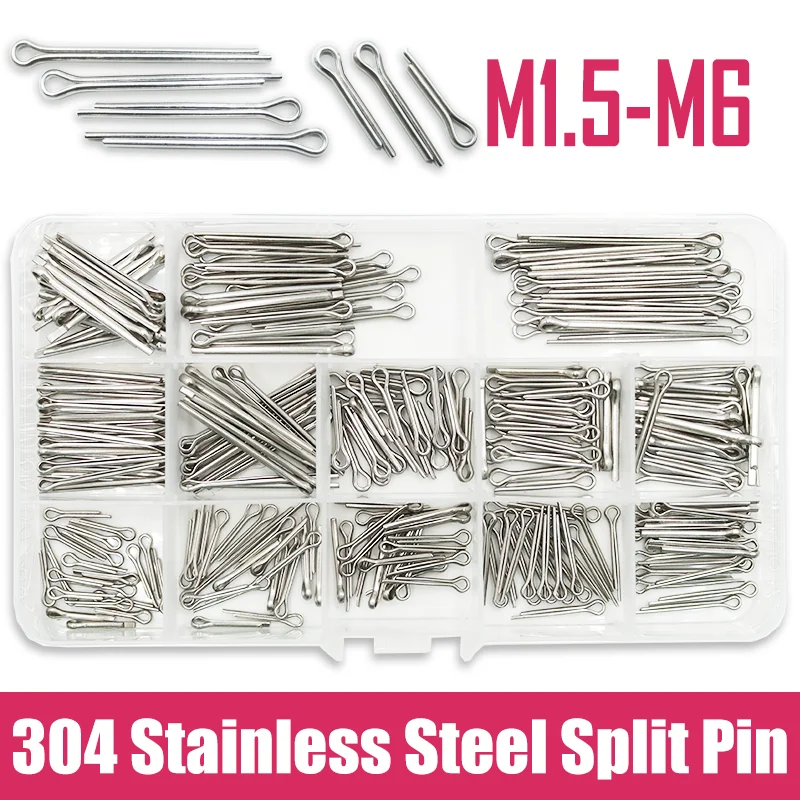 304 Stainless Steel Cotter Pin Assortment Kit Split Snap Pins M1.5 M2 M2.5 M3 M4 M5 M6 Whistle Hairpin U-pin Tractor Pin for Car