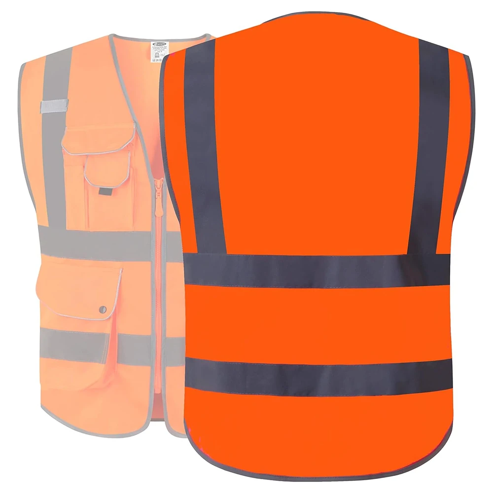 Chaleco de seguridad reflectante de alta visibilidad Clase 2 con 9 bolsillos para hombres y mujeres, chalecos de seguridad naranjas para trabajo y construcción, ropa de trabajo de alta visibilidad