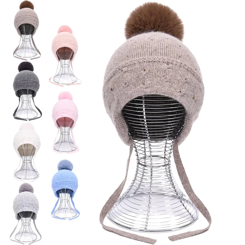 

Hat Earflap Kids Boy Girl Women Winter Beanie Raccoon Pompom Wool Knit Rhinestone Warm Accessory For Autumn Cold Weather Ski