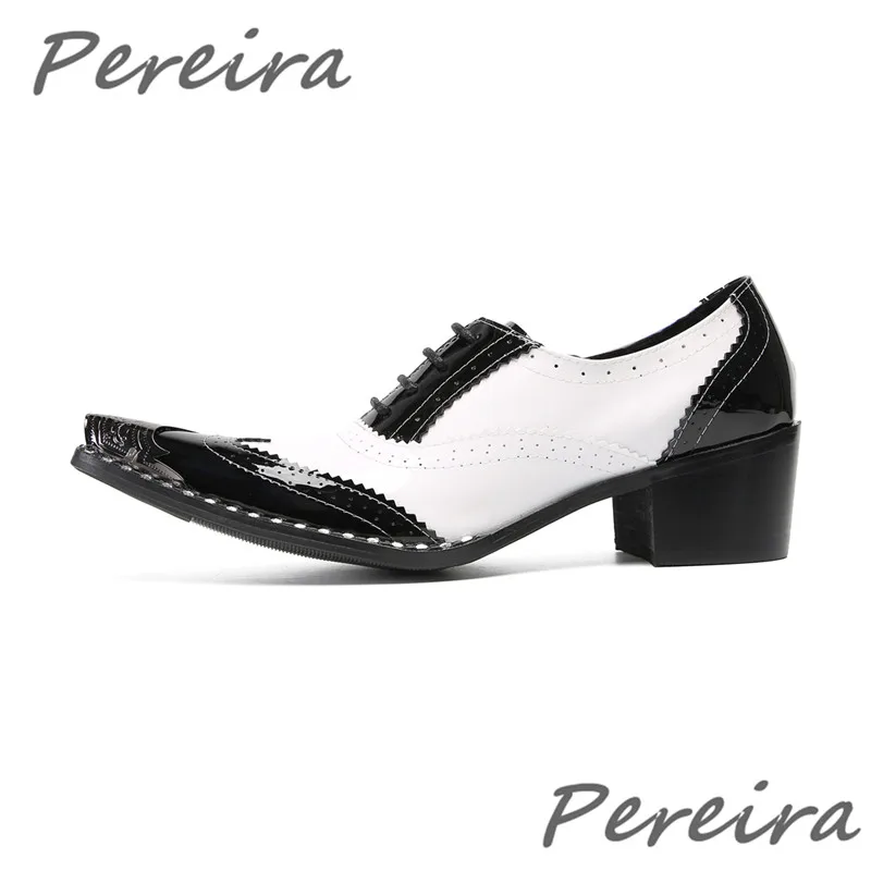 

Black White Mixed Colors Formal Shoes Men's Cowhide Iron Pointed Toe High Heels Business Dress Shoes Banquet Party Oxfords