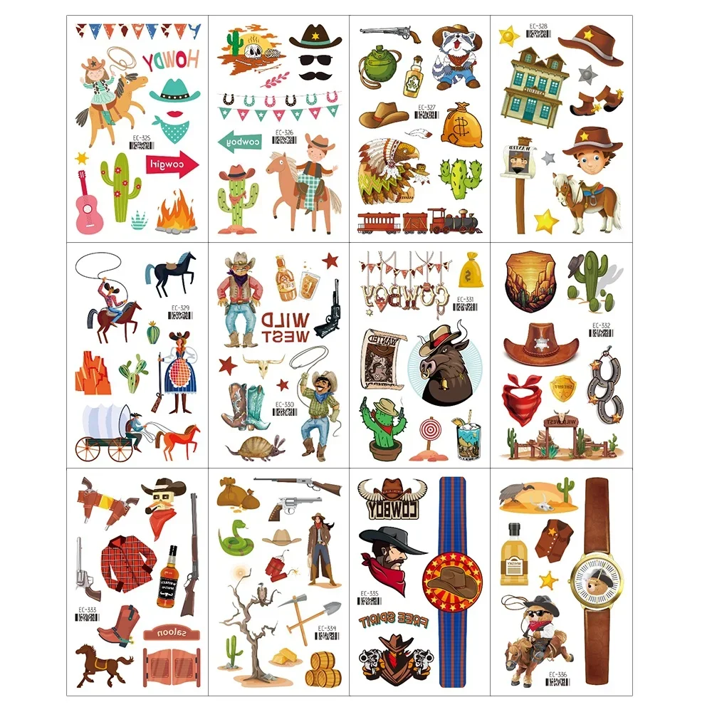 Cowboys Temporary Tattoo Stickers Kids Cartoon Tattoo Sticker Western America Cool Boy Fake Tattoo Waterproof Hand Face Tattoos