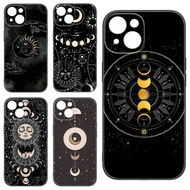 Suns Moons Clouds Astrological Black Phone Case For Apple iPhone 12 13 Mini 11 14 15 Pro Max 7 8 Plus X XR XS SE 2020 2022