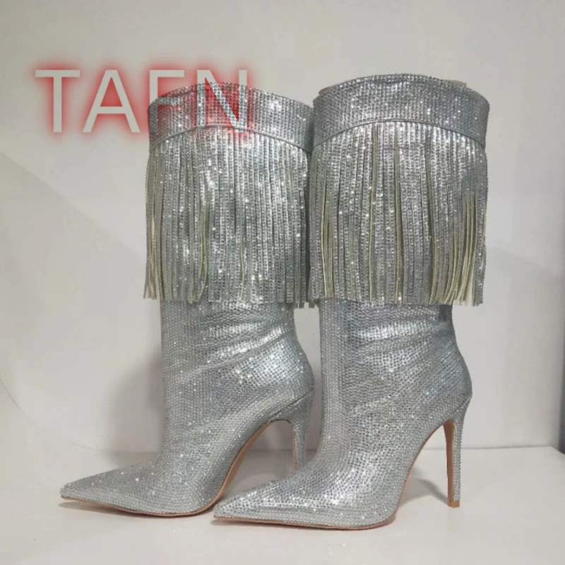 

Sexy Pointy Toe Stiletto Fringe Mid-calf Boots Tassel Crystals High Heels Boots Autumn Solid Color Casual Shoes Women's Boots