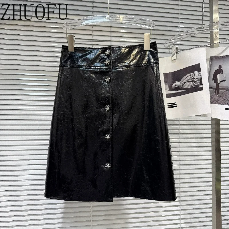Women High Waist Faux Leather Midi Skirt Star Rhinestone Button Decor A Line Straight Mid Length Bottom Streetwear New Design