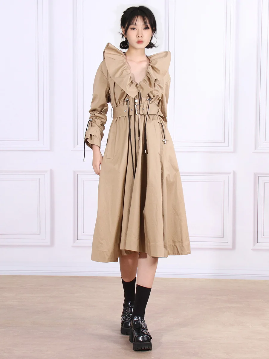 Robe Trench longue plissée à volants, ceinture, col en V, coupe-vent décontracté avec cordon de serrage, vêtements d'extérieur pour femmes, automne 2025