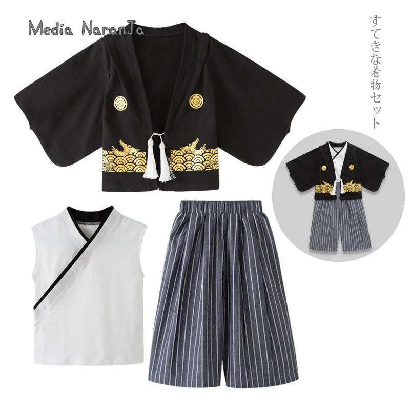 Japanese children kimono boys girls kimono set spring  autumn long sleeved jacket vest pants performance clothing