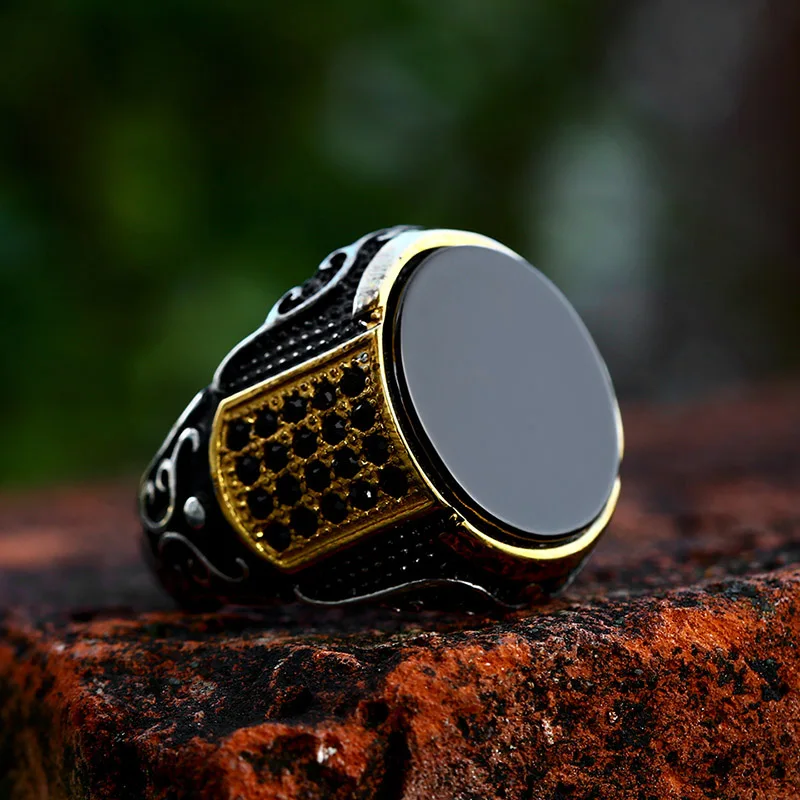 BEIER Stainless Steel Vintage Man Boy Oval part gold color Black stone Ring Fashion Jewelry Mens Accessories BR8-987