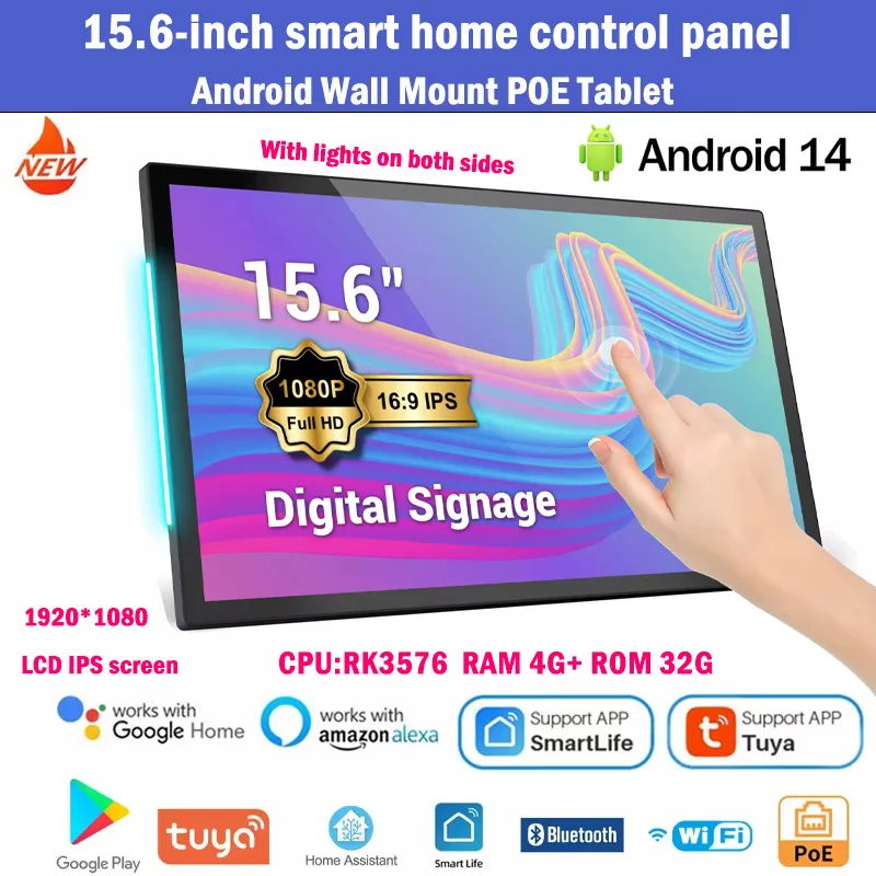 Soporte de pared de borde fino, tableta PC Android POE de 15,6 ", FHD, 1920x1080P, pantalla táctil IPS, WIFI, BT, RJ45, hogar inteligente, Google Play