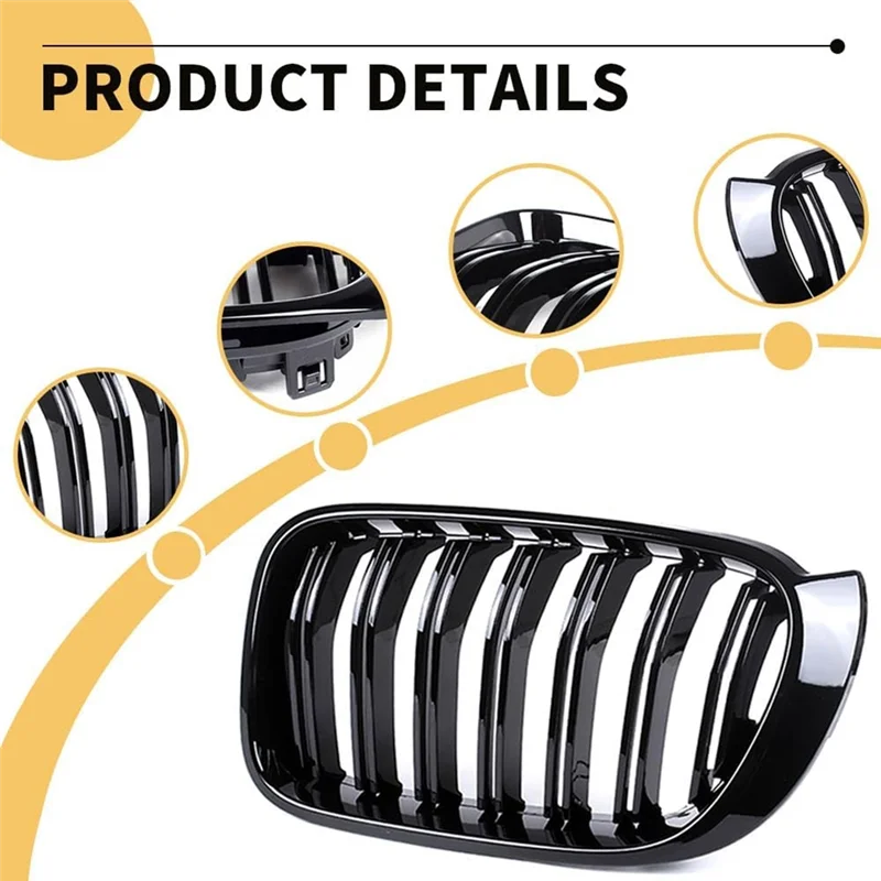 

For BMW X3 F25 LCI 2015-2017 X4 F26 2015-2018 Gloss Black Double Slats Front Kidney Grill 51117338571 51117338572