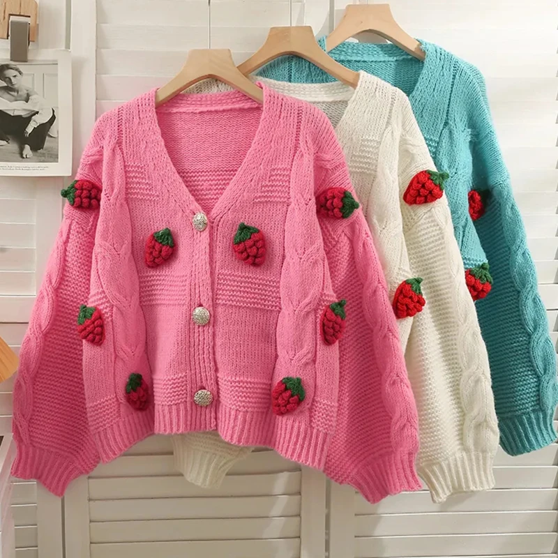 Korean Fashion Pink Strawberry Sweaters for Women Autumn Winter 2022 Long Sleeve Knitted Woman Cardigan Single Breasted Jackets